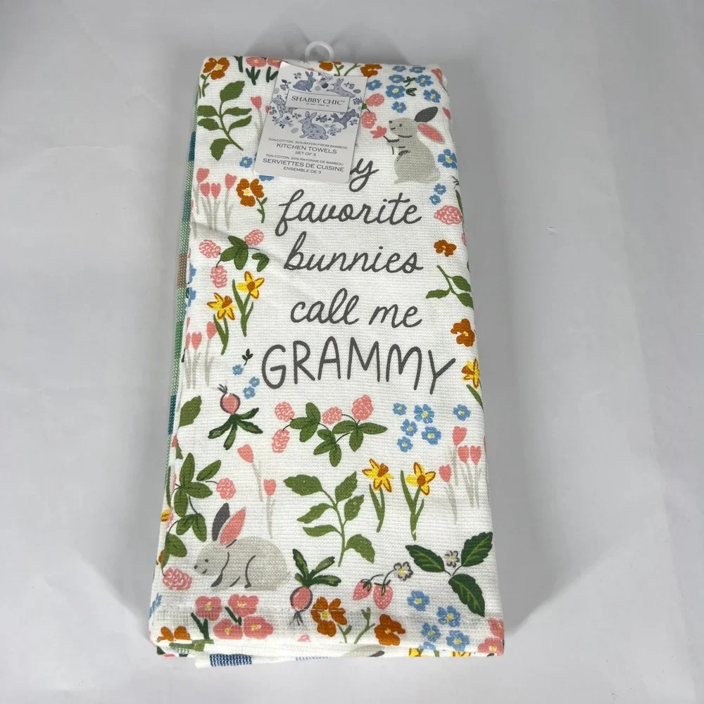 Shabby Chic Kitchen Towels Bunnies Call Me Grammy Easter Spring Decor (3 Count)‎
